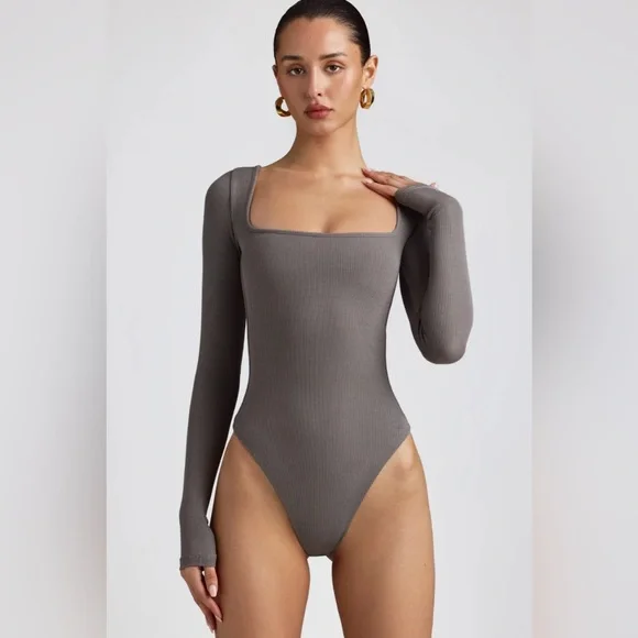 Ribbed Long Sleeve Body Suit in Grey - Picture 1 of 3
